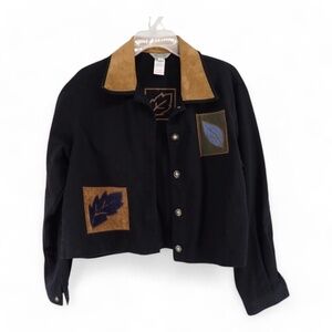 Stonebridge Womens Black Denim Sz Petite Large Jacket Leather Cotton Fall Leaves